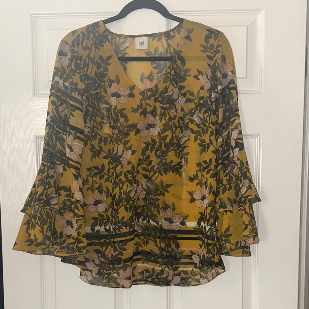CAbi Sheer Yellow Floral Blouse with Ruffled Sleeves